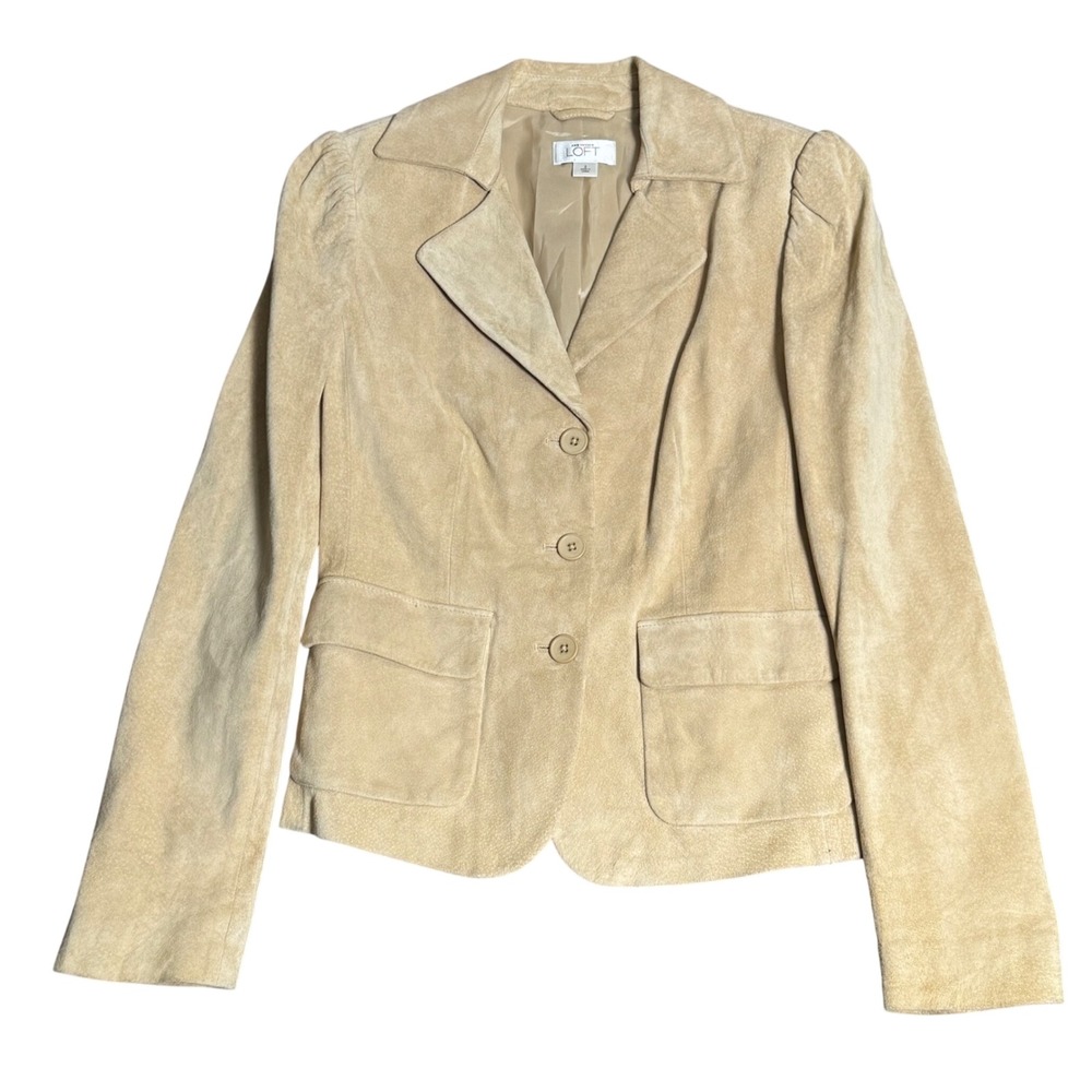LOFT Tan Suede Leather Blazer Jacket Sz 2 Lt Academia Office Neutral Minimalist